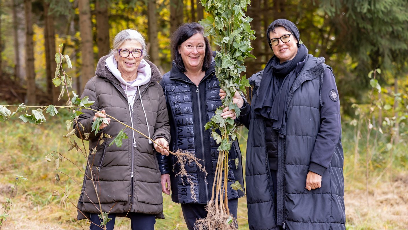 Helga Grisenti, Gabriela Mayrhofer und Beate Peneder-WeinhÀupl bei der Baumpflanzaktion in Ritzling.